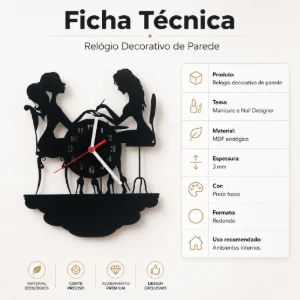 Relógio Manicure e Nail Designer em MDF Preto 28 cm - Artesanato e Personalizados