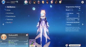 Contas Genshin Impact AR 5 e 7 com Sangonomiya Kokomi
