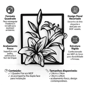 Quadro Floral Vazado em MDF Preto - Artesanato e Personalizados