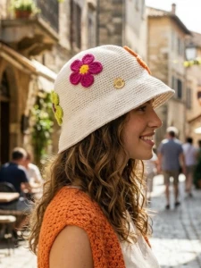 Chapéu bucket florido em Crochê - Artesanato e Personalizados