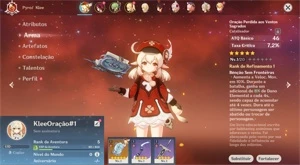 Conta Genshin Impact AR 5 com Klee e Oração Perdida