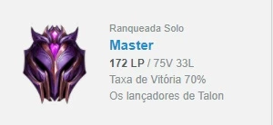 Conta LoL Mestre 172PdL 70% Winrate - League of Legends