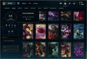 Conta unranked com 66 skins com Twitch medieval e WW cinzent - League of Legends LOL