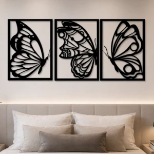 Kit 3 Quadros Borboletas em MDF Preto 30 x 20 cm