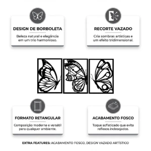 Kit 3 Quadros Borboletas em MDF Preto 30 x 20 cm - Artesanato e Personalizados
