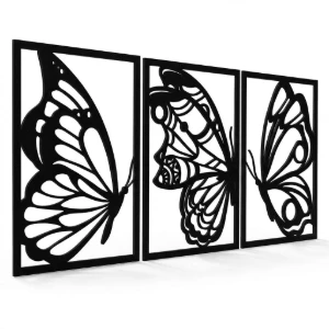 Kit 3 Quadros Borboletas em MDF Preto 30 x 20 cm - Artesanato e Personalizados