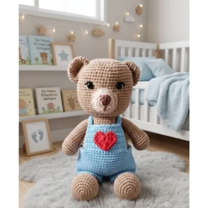 Ursinho de Amigurumi com Jardineira Azul e Coração - Artesanato e Personalizados