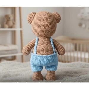 Ursinho de Amigurumi com Jardineira Azul e Coração - Artesanato e Personalizados
