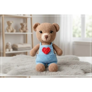 Ursinho de Amigurumi com Jardineira Azul e Coração - Artesanato e Personalizados