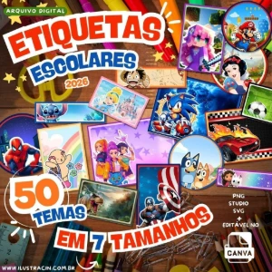 Super kit de etiquetas escolares, 50 temas editável
