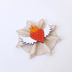 Enfeite Milagro Mexicano - Coração Flamejante com Asas - Artesanato e Personalizados