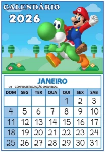 Calendário 2026: Uma Folha Por Mês do Super Mario Png/pdf