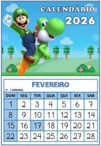 Calendário 2026: Uma Folha Por Mês do Super Mario Png/pdf - Outros