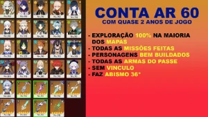 CONTA AR 60 - 21 Personagens 5* e 9 Armas 5* Genshin Impact