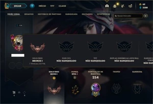 Conta bronze 1 com 77 Champs e 158 Skins + 1 Prestigio - League of Legends LOL