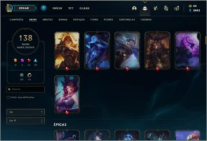 Conta platina 1 e plat 4 flex com 142 champs e 138 skins - League of Legends LOL