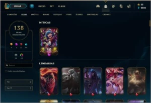 Conta platina 1 e plat 4 flex com 142 champs e 138 skins - League of Legends LOL