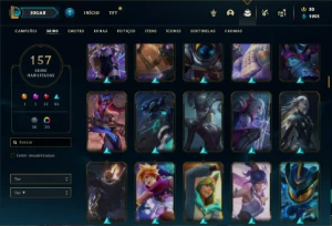 Conta Platina 1 com TODOS os champs e 157 Skins ( MID / JG ) - League of Legends LOL