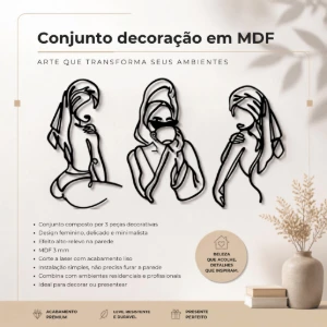 Kit 3 Quadros Mulher Minimalista em MDF Preto 35 x 22 cm - Artesanato e Personalizados