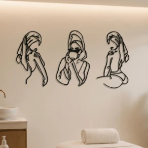 Kit 3 Quadros Mulher Minimalista em MDF Preto 35 x 22 cm