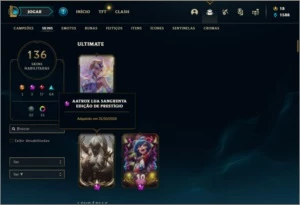 Conta platina 3 com 145 champs e 136 skins (1 Prestigio) - League of Legends LOL