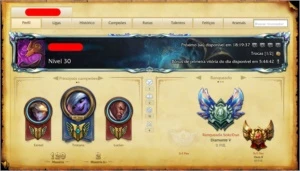 CONTA DIAMANTE V C/ BORDA DIAMANTE / OURO II FLEX / 11 SKINS - League of Legends LOL