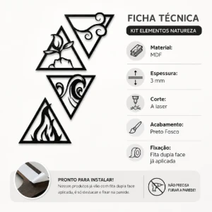 Kit 4 Quadros Elementos da Natureza em MDF 15 x 15 cm - Artesanato e Personalizados