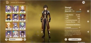 Conta genshin impact ar 50 com zhongli,albedo,mona e keqing
