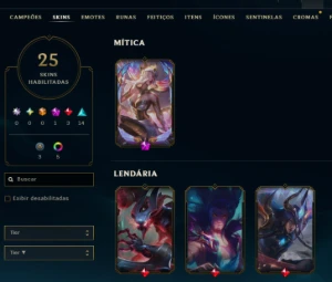 Ouro, Skins Mitica + Lendárias, 25 No Total! 17K Ea, Honra 4 - League of Legends LOL