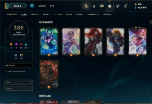 Conta bronze 1 com TODOS os champs e 386 Skins ( Nivel 852 ) - League of Legends LOL
