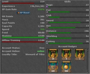 SELL RP LV 229, SKILL 106/94, ML 27, COM DUMMY - Tibia