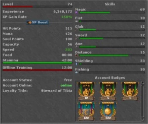SELL RP LV 229, SKILL 106/94, ML 27, COM DUMMY - Tibia
