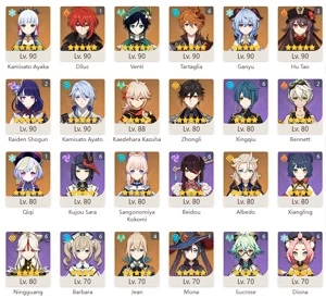 Childe C6, Hutao C3, Raiden C2, Kazuha muitas armas 5* e + - Genshin Impact