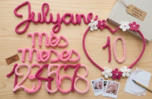 Kit Mêsversário Coração de Margaridas em Tricotin + Nome - Artesanato e Personalizados