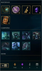 unraked lv 49, 6skin,714 ess laranjas,1 bau, 2 frag de chave - League of Legends LOL