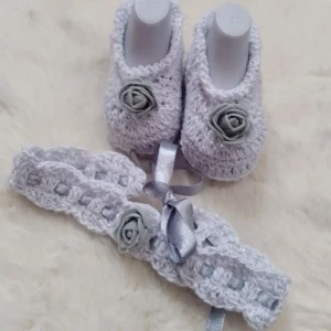 Kit Sapatinho e Faixa de Crochê para Bebê - Artesanato e Personalizados