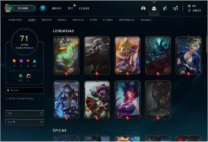 Conta lol possui 116 champion, 71 skins,email pode  trocar. - League of Legends