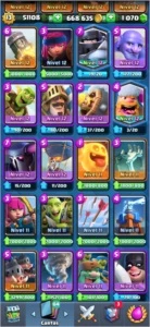 Royalezinho 20 cartas full, maioria pronta pra upar. Baús. - Clash Royale
