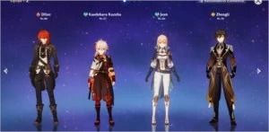 Conta AR50 com Zhongli, Diluc, Kazuha e Jean - Genshin Impact
