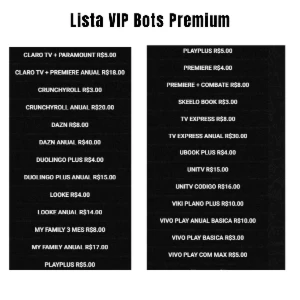 Lista VIP dos Bots, Fornecedores Streaming - Assinaturas e Premium