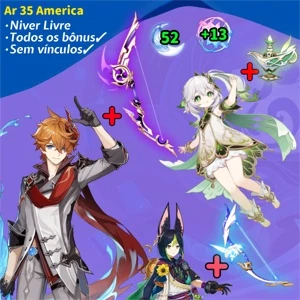 Childe + Arma 5*, Nahida + Assinatura, Tighnari + Amus - Genshin Impact