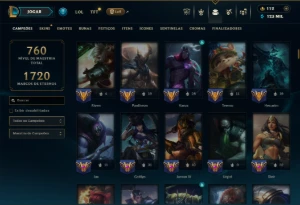 Ouro 4 com TODOS os Champs e 260 Skins +1 Prestigio + 1 Rara - League of Legends LOL