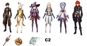 Genshin impact Ganyu, Zhongli, Diluc, Jean C2, Mona + Atlas