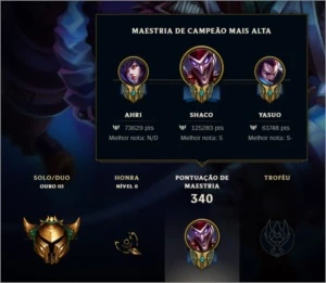 Conta gold 3 com 30 jogos mmr alto 70 skins 100 champs - League of Legends LOL
