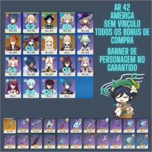 Conta AR42 Venti + Childe + Jean + Mona C1 + Lança de Jade - Genshin Impact