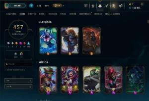 Ouro 1 com TODOS os Champs e 457 Skins +12 Vitoriosas - League of Legends LOL