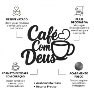 Placa Café com Deus em MDF Preto - Artesanato e Personalizados