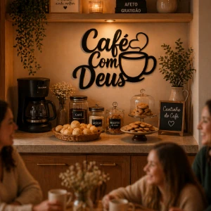 Placa Café com Deus em MDF Preto - Artesanato e Personalizados