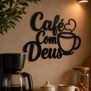 Placa Café com Deus em MDF Preto
