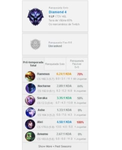 CONTA LOL - D4 (65% WR / 50K DE E.A / TOP 50 RAMMUS BR) - League of Legends